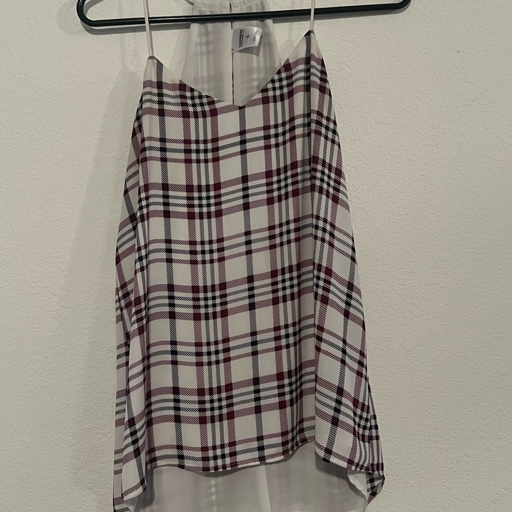 Express Plaid V-Neck Spaghetti Strap Camisole in White and Burgundy